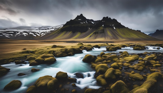 Photo a river running through a mountain landscape with a mountain in the background