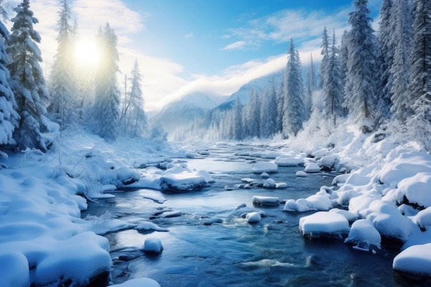 a river running through a snow covered forest