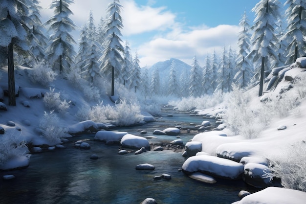 река, протекающая через покрытый снегом лес