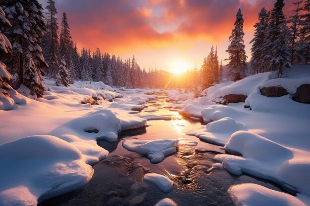 Foto un fiume che scorre attraverso una foresta coperta di neve