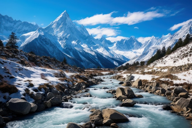 a river running through a snowy mountainous region with K2 in the background