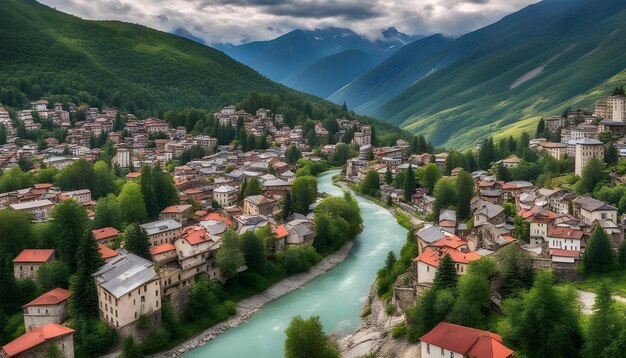 a river running through a town with mountains in the background