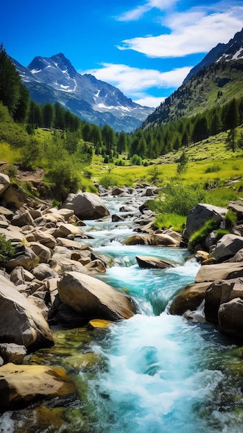 A river running through a valley with rocks and trees