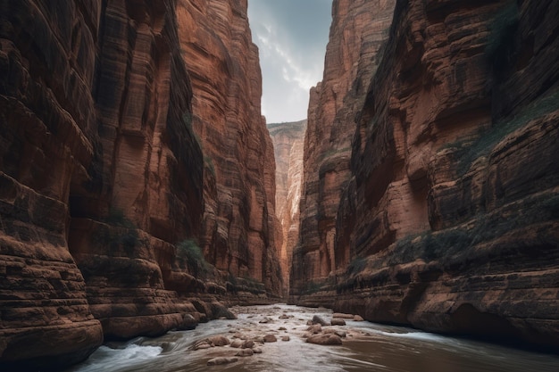 A river runs through a canyon in the desert.