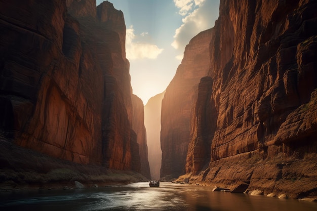 A river runs through a canyon in the desert.