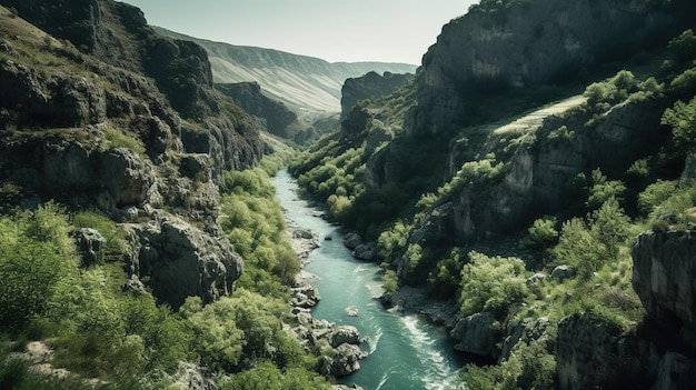 A river runs through a canyon with a green mountain in the background.