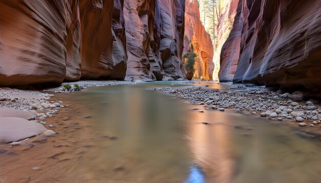 Река протекает через каньон с отражением в воде.