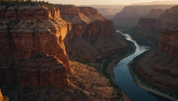 Photo a river runs through a canyon with a river flowing golden embrace majestic canyon at sunset