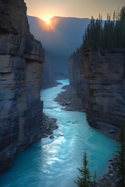 Foto un fiume scorre attraverso un canyon con il sole che tramonta dietro di esso.