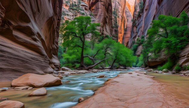 a river runs through a canyon with a tree growing out of it