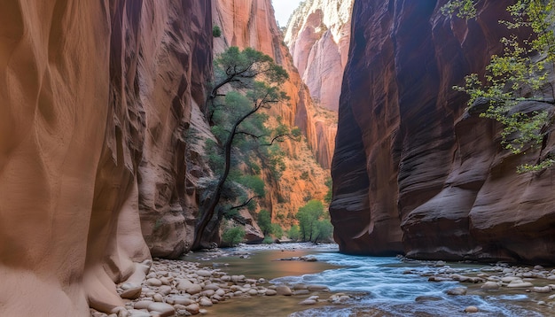 Photo a river runs through a canyon with a tree growing out of it