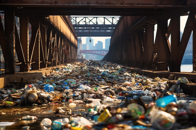 A river runs through a city with trash on the ground