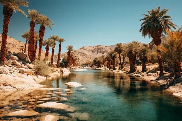 Photo a river runs through a desert landscape with palm trees and rocks