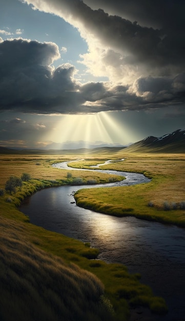 A river runs through a field with a sunbeams coming through the clouds.