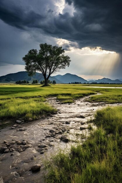 A river runs through a field with a tree and mountains in the background.