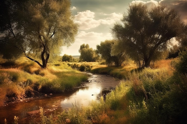 A river runs through a field with trees and grass.