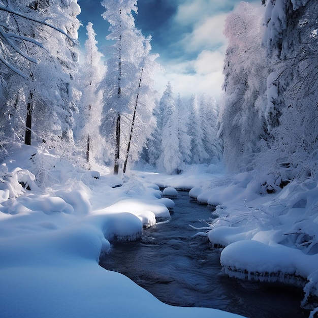 a river runs through a forest covered in snow.