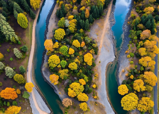 A river runs through a forest with a blue river in the foreground.