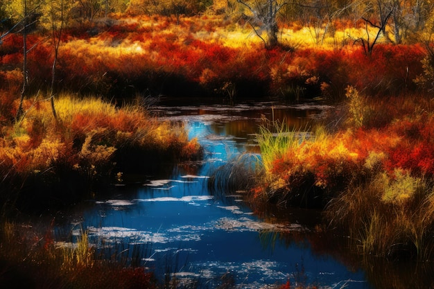 A river runs through a forest with a blue sky and orange leaves.