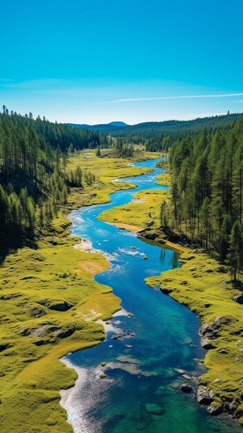 Photo a river runs through a forest with a blue sky and trees