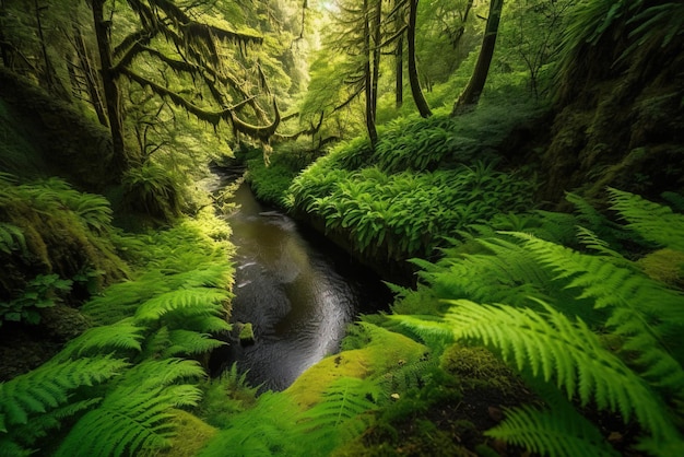 A river runs through a forest with ferns.