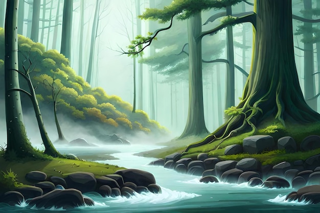 A river runs through a forest with a forest in the background.