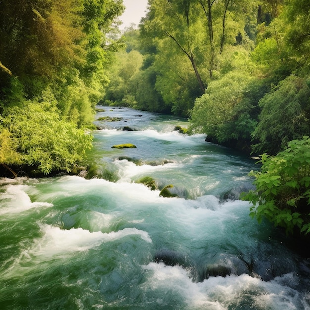 Photo a river runs through a forest with green trees and the word 