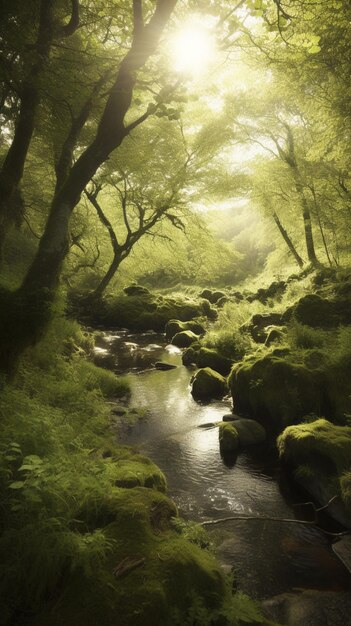 苔むした岩が茂る森の中を川が流れています。