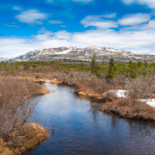 A river runs through a forest with a mountain in the background.