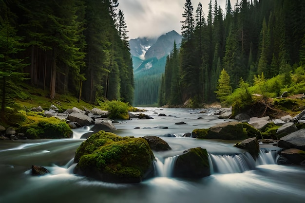 a river runs through a forest with a mountain in the background.