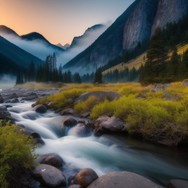 A river runs through a forest with mountains in the background.