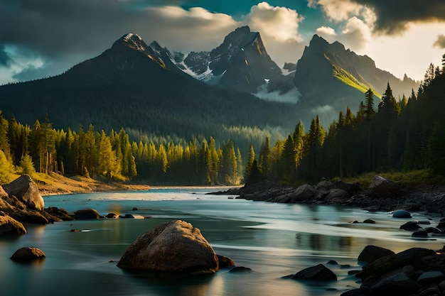 Photo a river runs through a forest with mountains in the background.