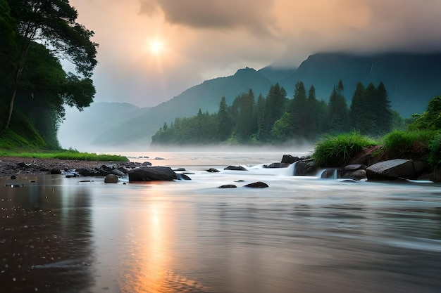 a river runs through a forest with a sunset in the background.