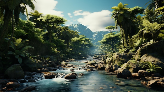 A river runs through a forest with a waterfall in the background