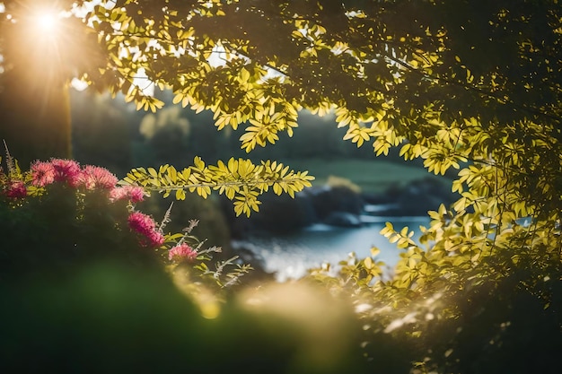 A river runs through a forest with yellow flowers.