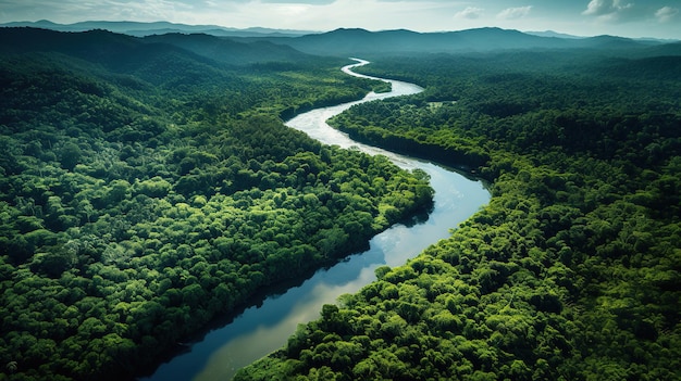 A river runs through a forest.