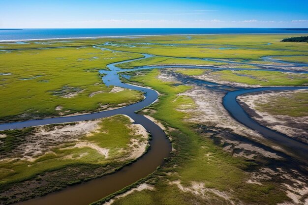 Photo a river runs through a green field with a blue sky in the background