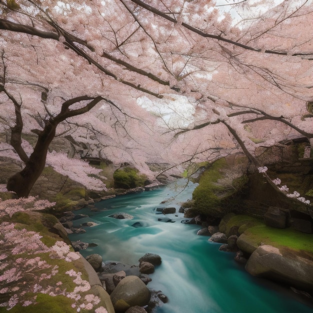 緑の春の風景の中を川が流れています。