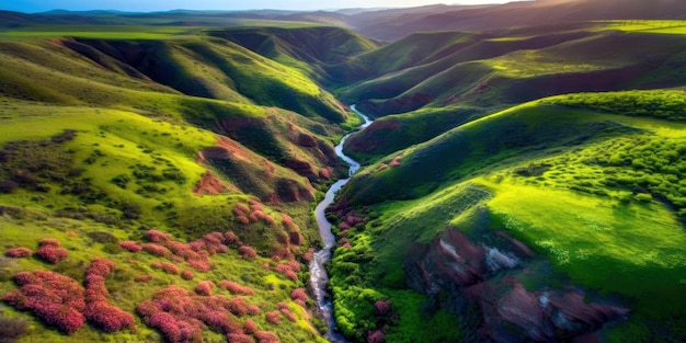 A river runs through a green valley.