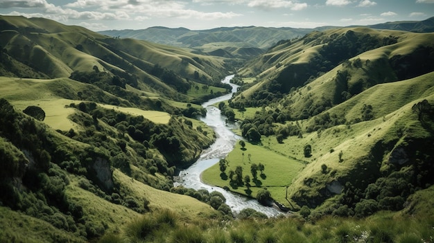 A river runs through the hills of new zealand.