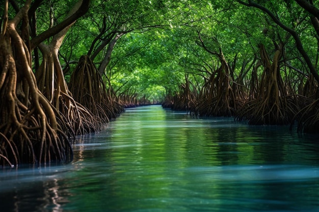 a river runs through a mangrove forest.