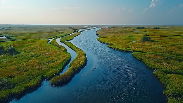 Photo a river runs through a marsh with a boat in the water