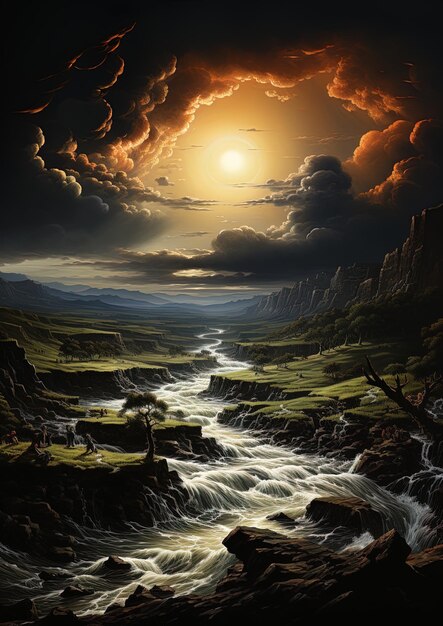 a river runs through a mountain landscape with a sunset in the background