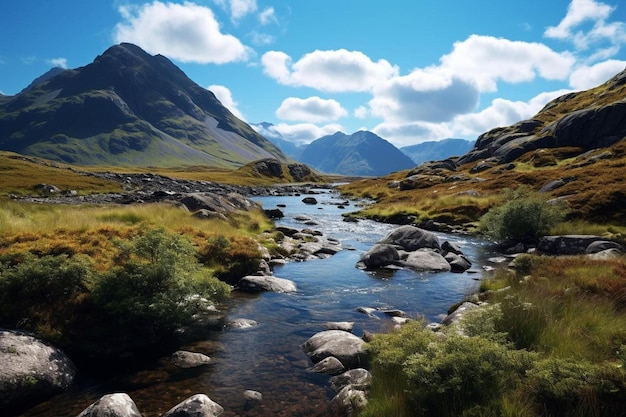 Photo a river runs through a mountain valley with a mountain in the background