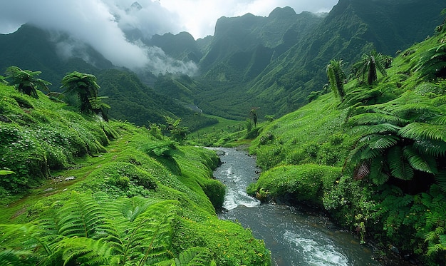 Photo a river runs through a mountain valley with a river running through it