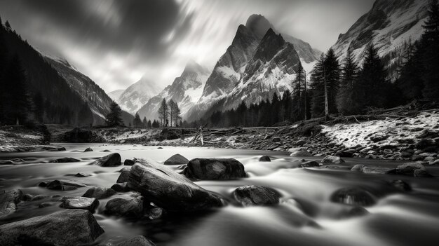 a river runs through a mountain valley with a waterfall and a cloudy sky.