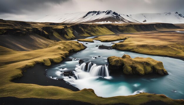 Photo a river runs through a mountain with a mountain in the background