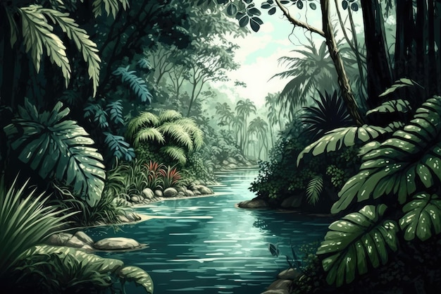 River runs through tropical jungle