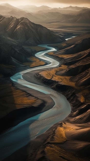 アイスランドの谷を川が流れています。