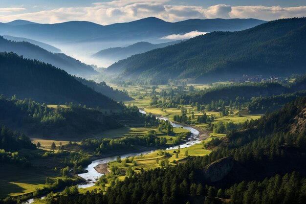 a river runs through a valley in the mountains.